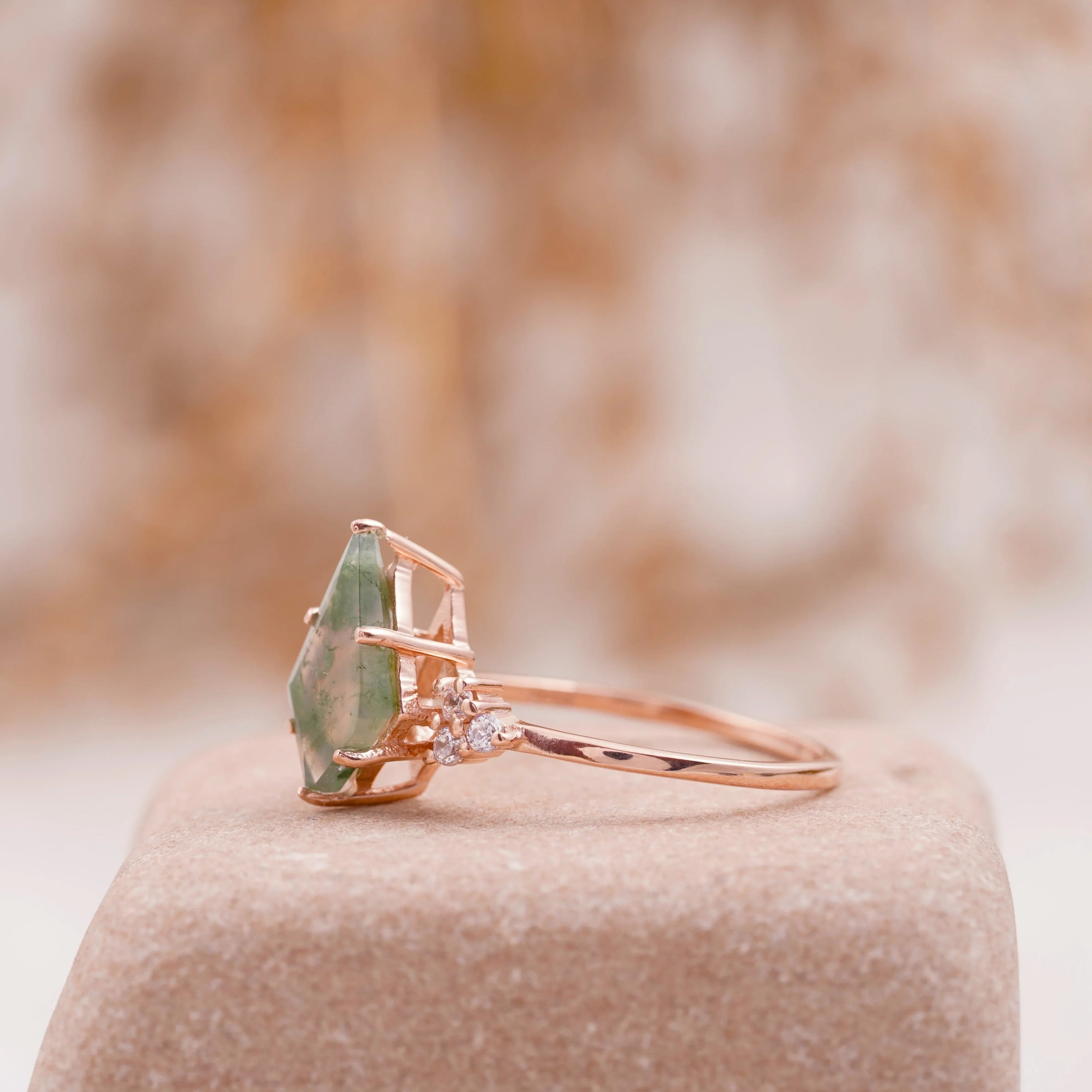 Kite Shaped Moss Agate Engagement Ring - Gigiscc