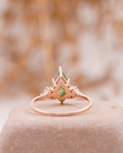 Kite Shaped Moss Agate Engagement Ring