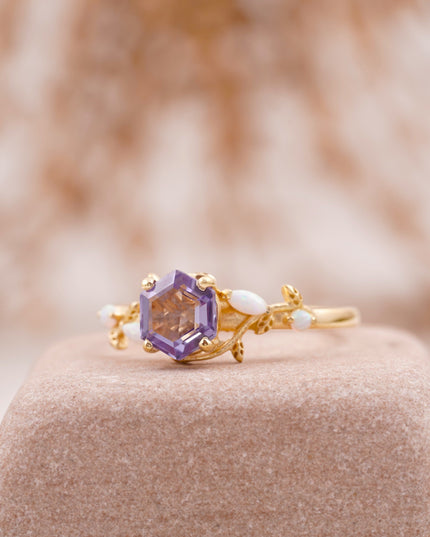 Hexagon Alexandrite Opal Engagement Ring Left Angle