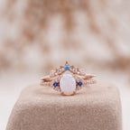 Fire Opal Engagement Ring Set with Curved Band - Gigiscc