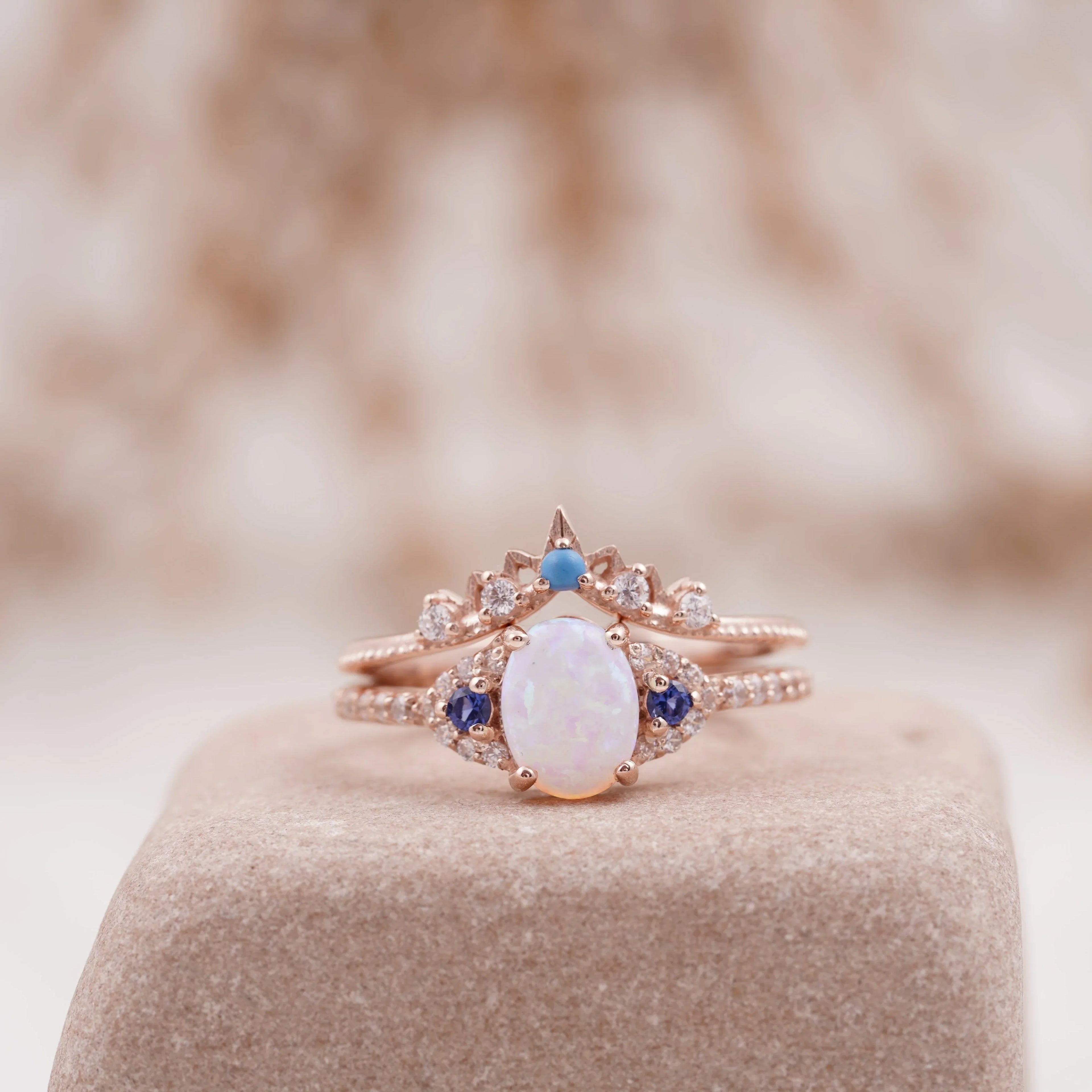 Fire Opal Engagement Ring Set with Curved Band - Gigiscc
