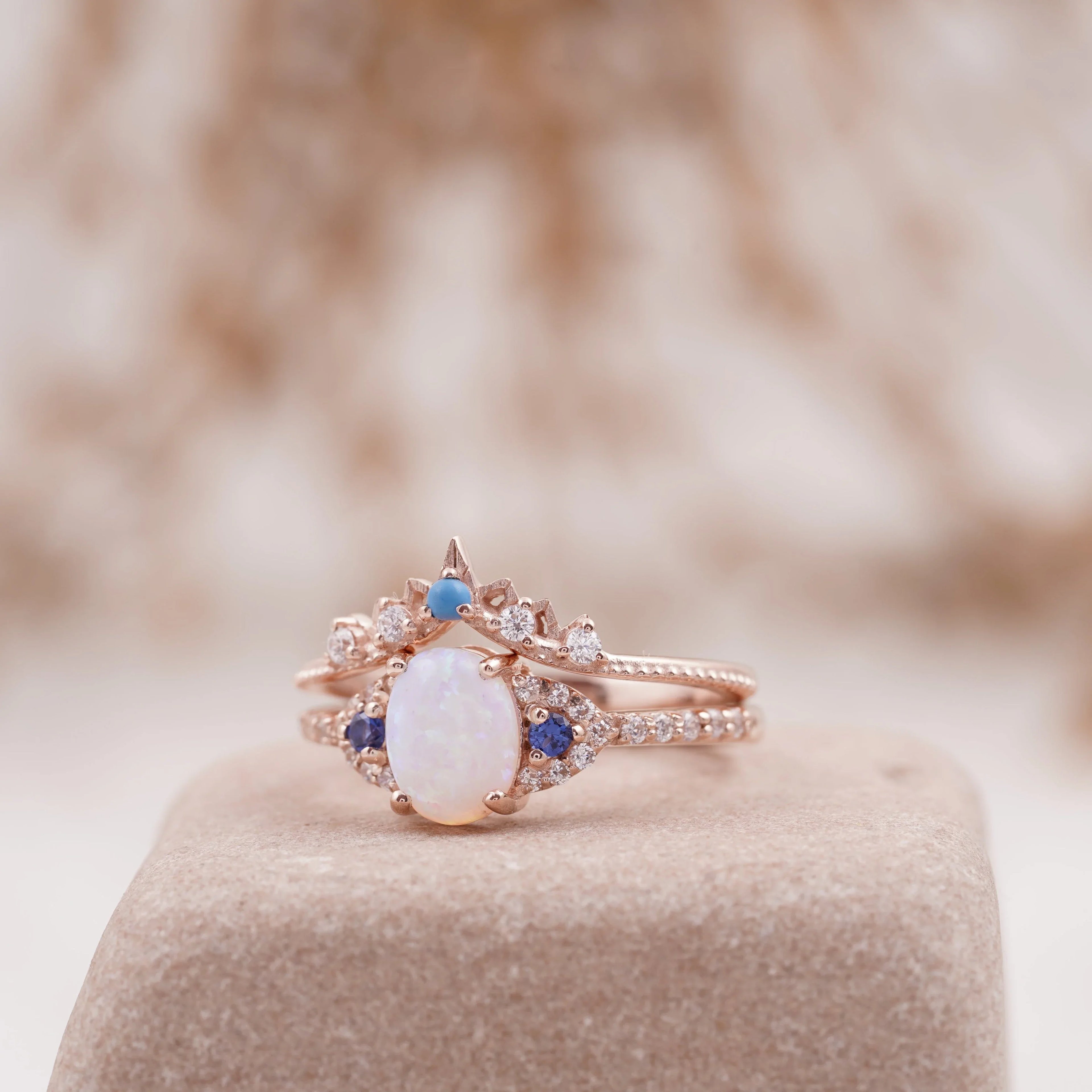 Fire Opal Engagement Ring Set with Curved Band - Gigiscc