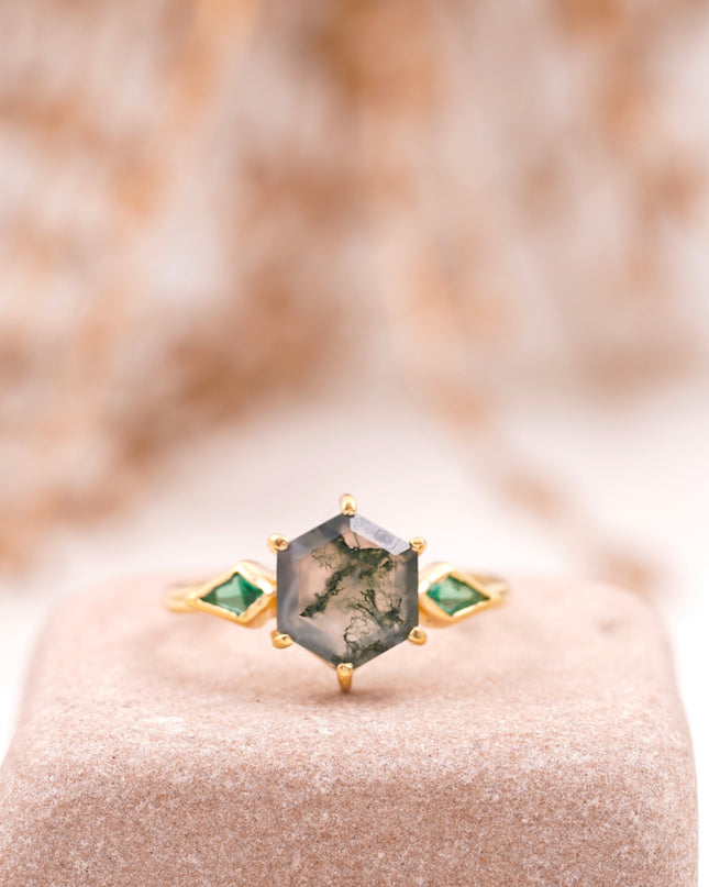 Kite Emerald Moss Agate Hexagon Engagement Ring