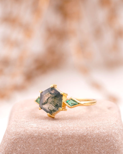 Kite Emerald Moss Agate Hexagon Engagement Ring Left Angle