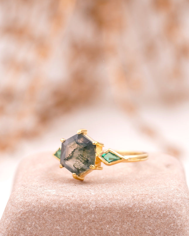 Kite Emerald Moss Agate Hexagon Engagement Ring Left Angle
