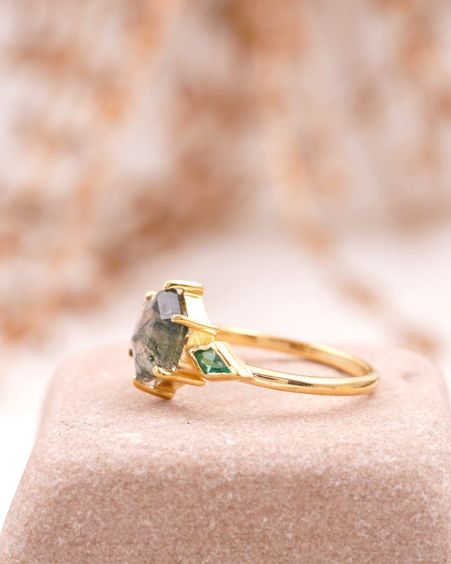 Kite Emerald Moss Agate Hexagon Engagement Ring SIde Angle