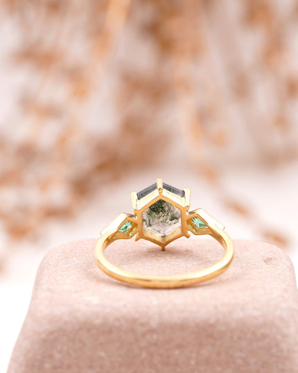 Kite Emerald Moss Agate Hexagon Engagement Ring Back Side