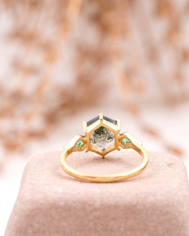 Kite Emerald Moss Agate Hexagon Engagement Ring Back Side