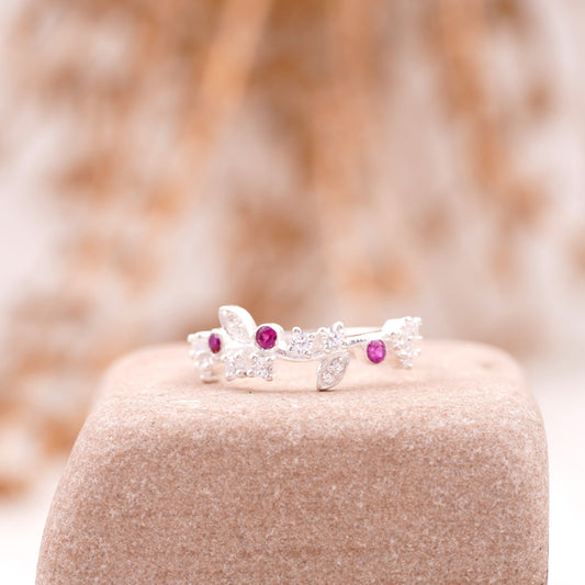 Nature Inspired Leaf CZ Diamond And Ruby Wedding Band 925 Sterling Silver