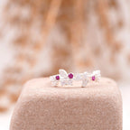 Nature Inspired Leaf CZ Diamond And Ruby Wedding Band 925 Sterling Silver - Gigiscc