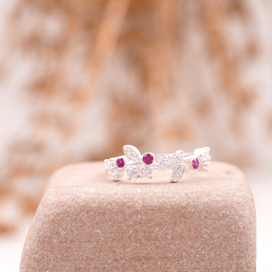 Nature Inspired Leaf CZ Diamond And Ruby Wedding Band 925 Sterling Silver