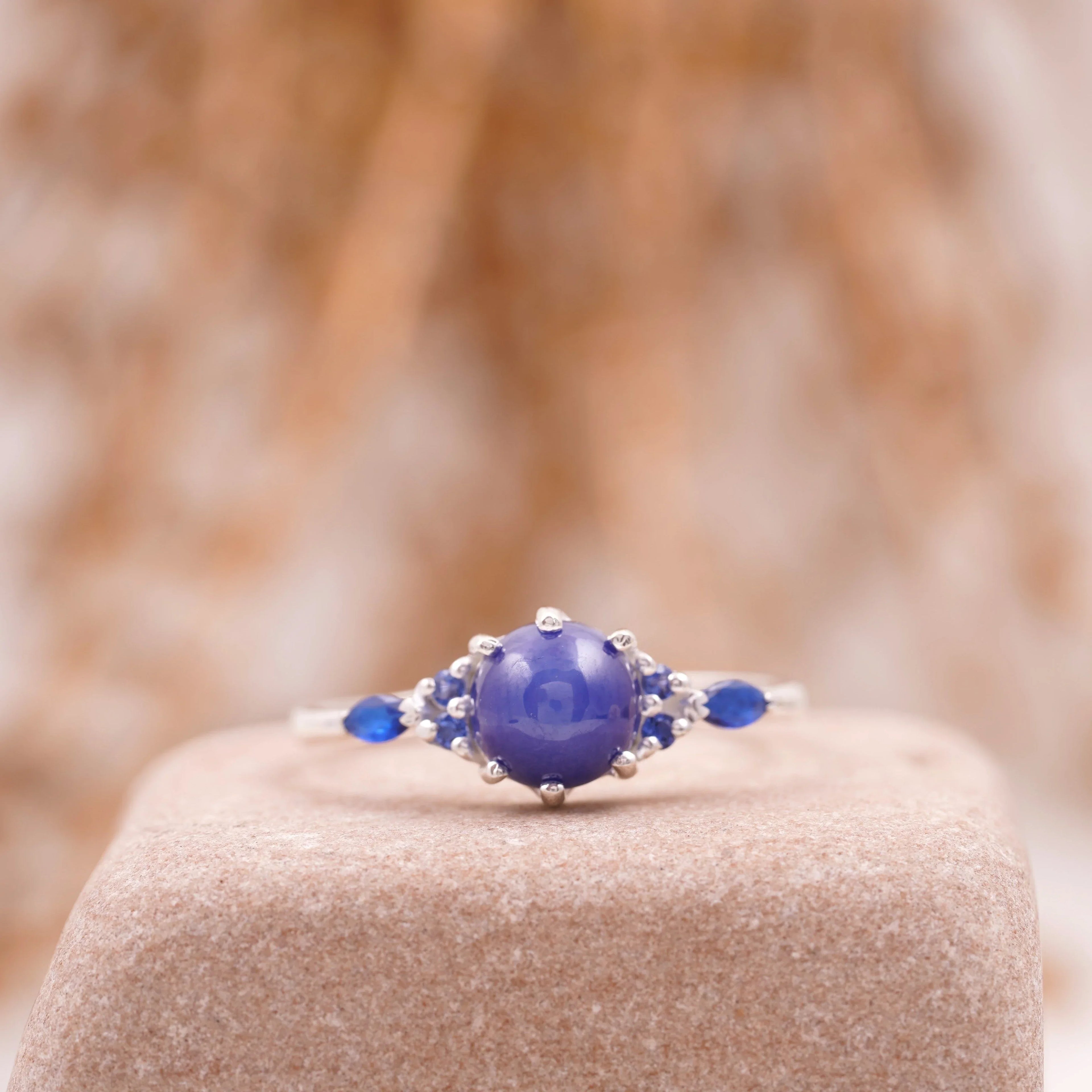 Vintage Blue Star Sapphire Silver Engagement Ring - Gigiscc