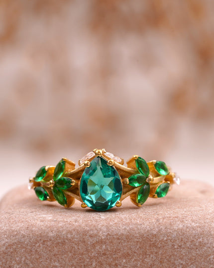 Pear Emerald Cluster Marquise Gold Engagement Ring
