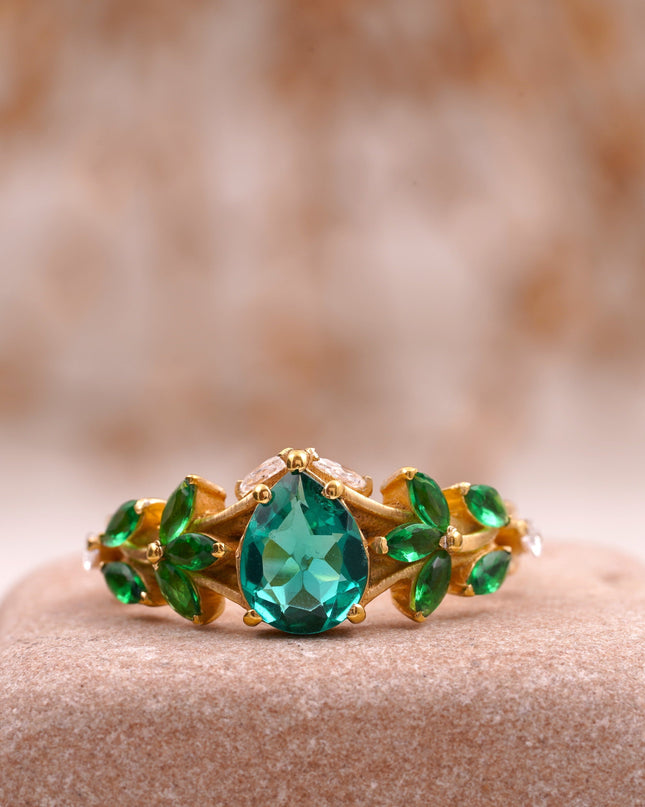 Pear Emerald Cluster Marquise Gold Engagement Ring