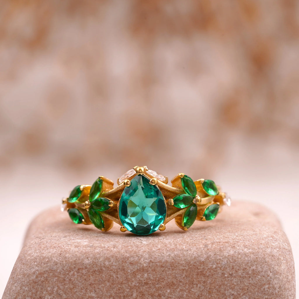 Pear Emerald Cluster Marquise Gold Engagement Ring - Gigiscc