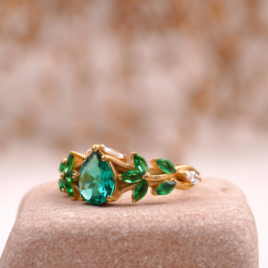 Pear Emerald Cluster Marquise Gold Engagement Ring - Gigiscc