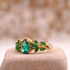 Pear Emerald Cluster Marquise Gold Engagement Ring - Gigiscc