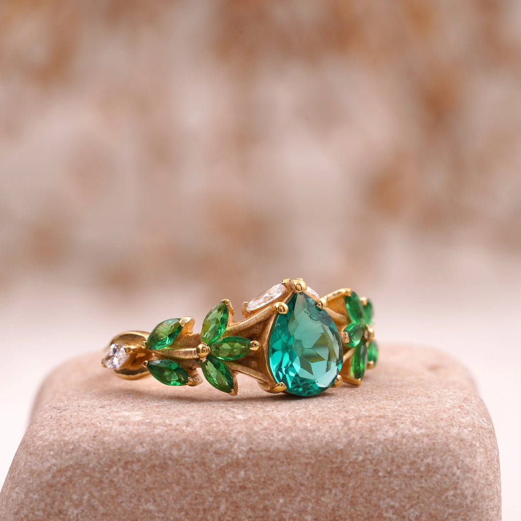 Pear Emerald Cluster Marquise Gold Engagement Ring - Gigiscc