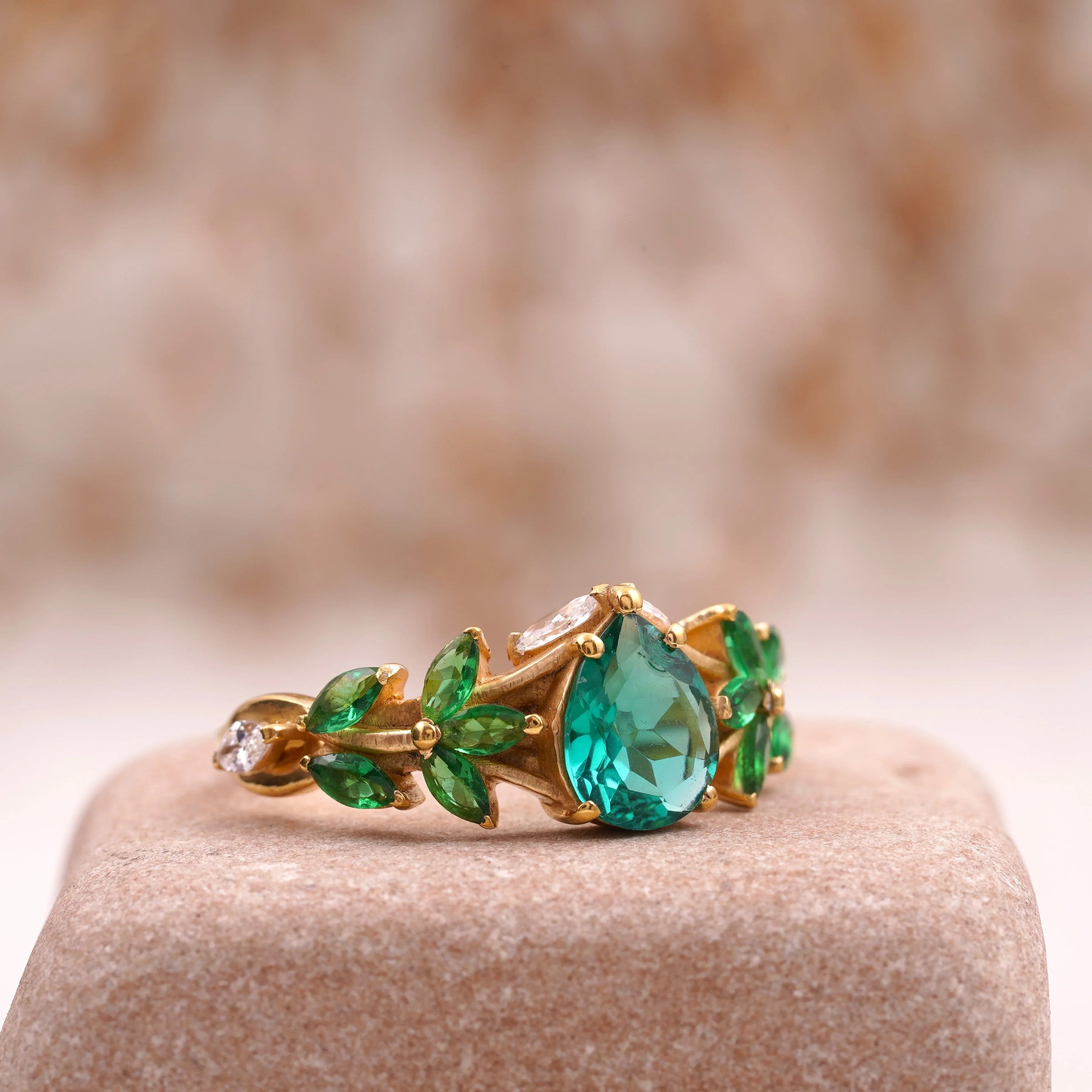 Pear Emerald Cluster Marquise Gold Engagement Ring - Gigiscc