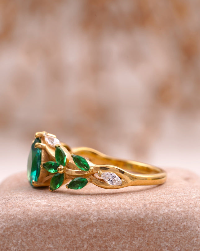 Pear Emerald Cluster Marquise Gold Engagement Ring SIde Position