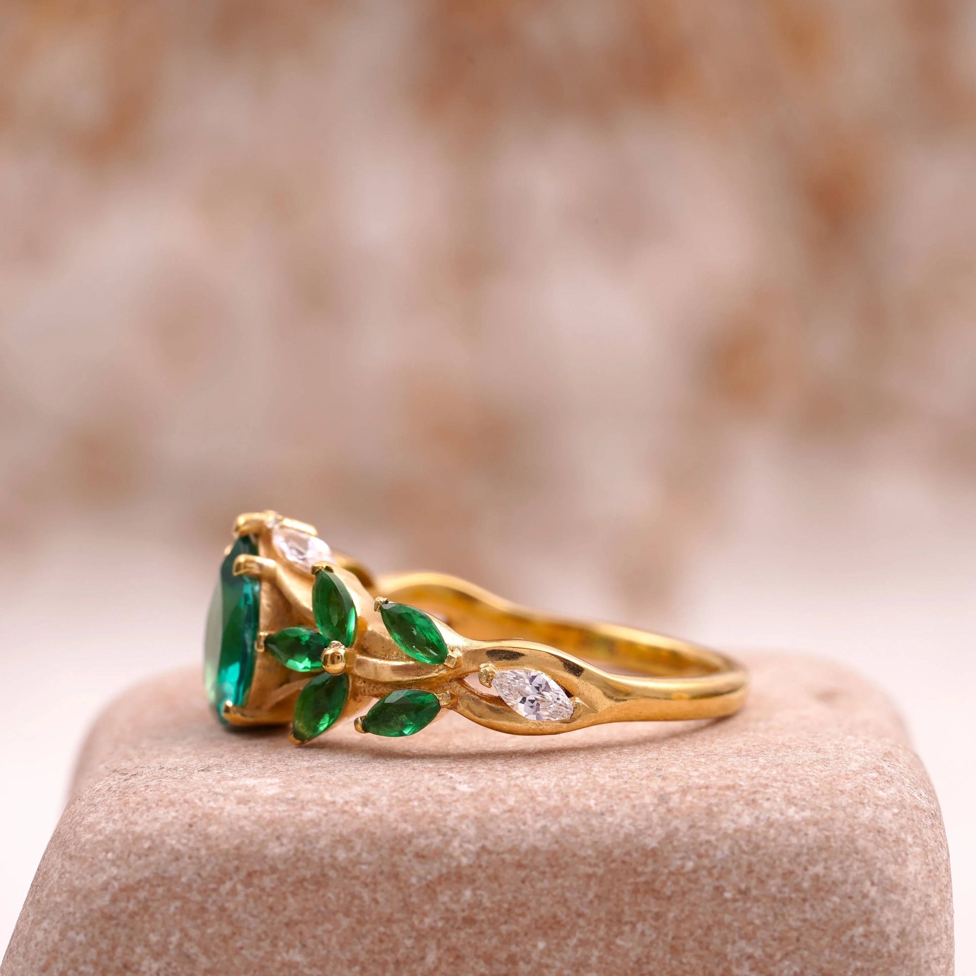 Pear Emerald Cluster Marquise Gold Engagement Ring - Gigiscc