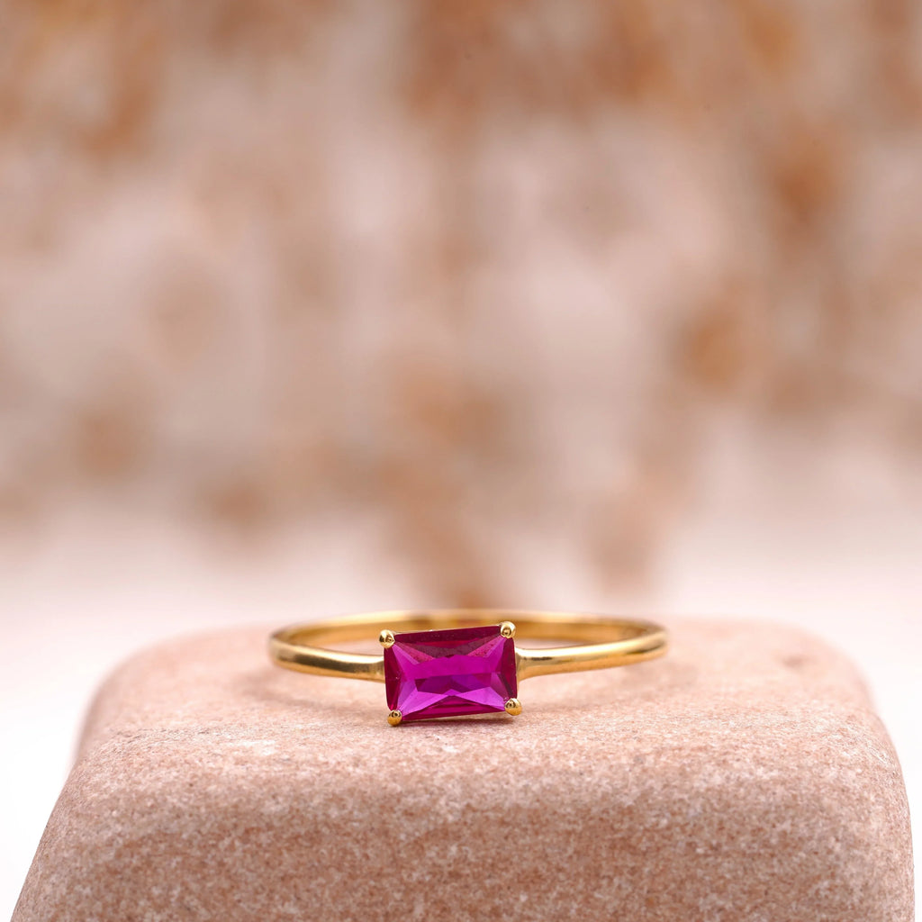 Baguette Cut Ruby 14K Solid Gold Stacking Ring For Women - Gigiscc