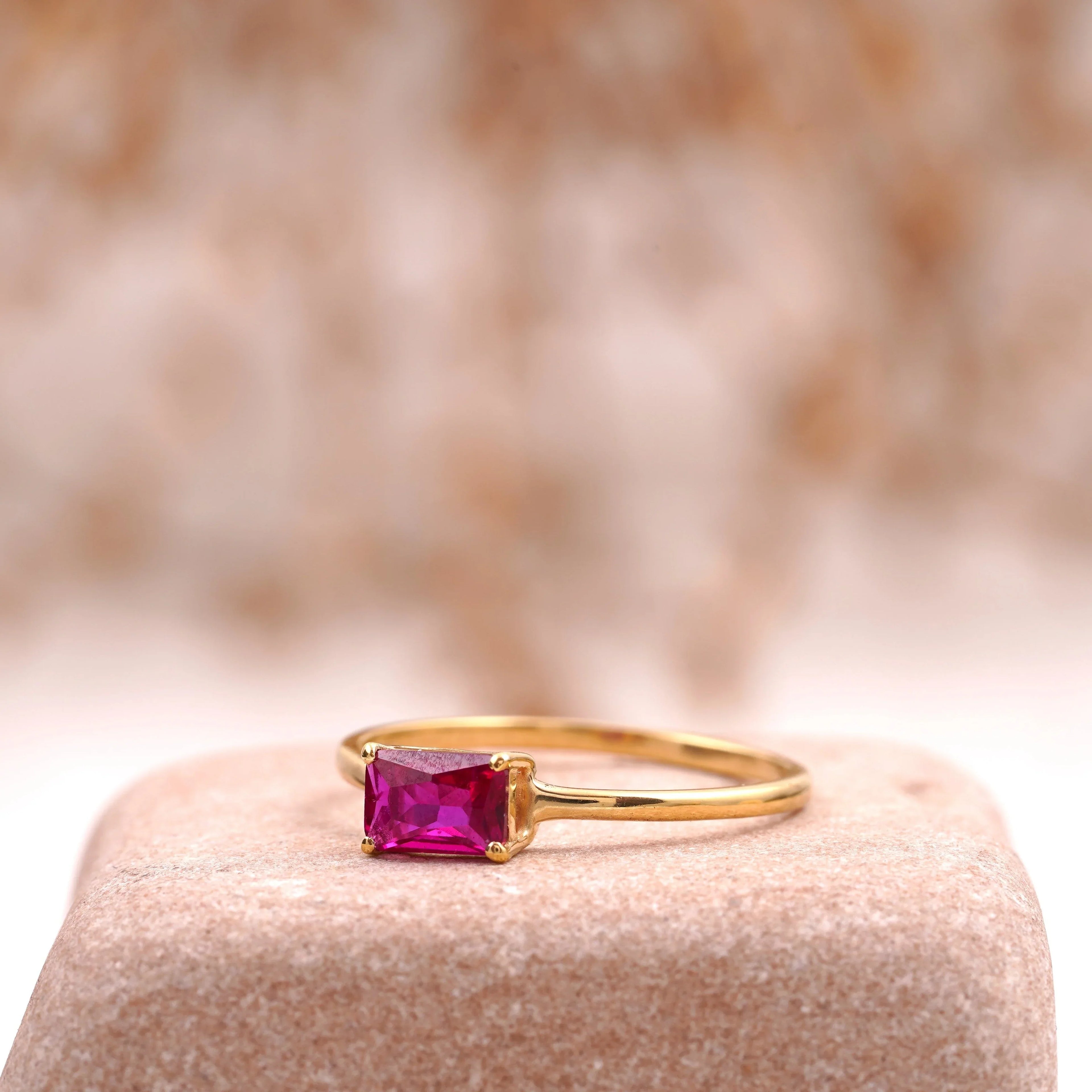 Baguette Cut Ruby 14K Solid Gold Stacking Ring For Women - Gigiscc