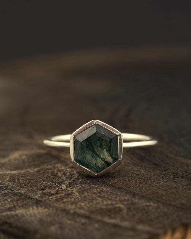 Hexagon Cut Moss Agate Bezel Set Engagement Ring