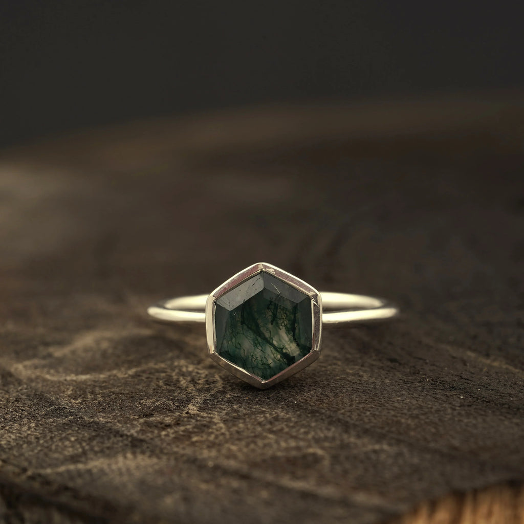 Hexagon Cut Moss Agate Bezel Set Engagement Ring - Gigiscc