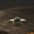 Hexagon Cut Moss Agate Bezel Set Engagement Ring - Gigiscc