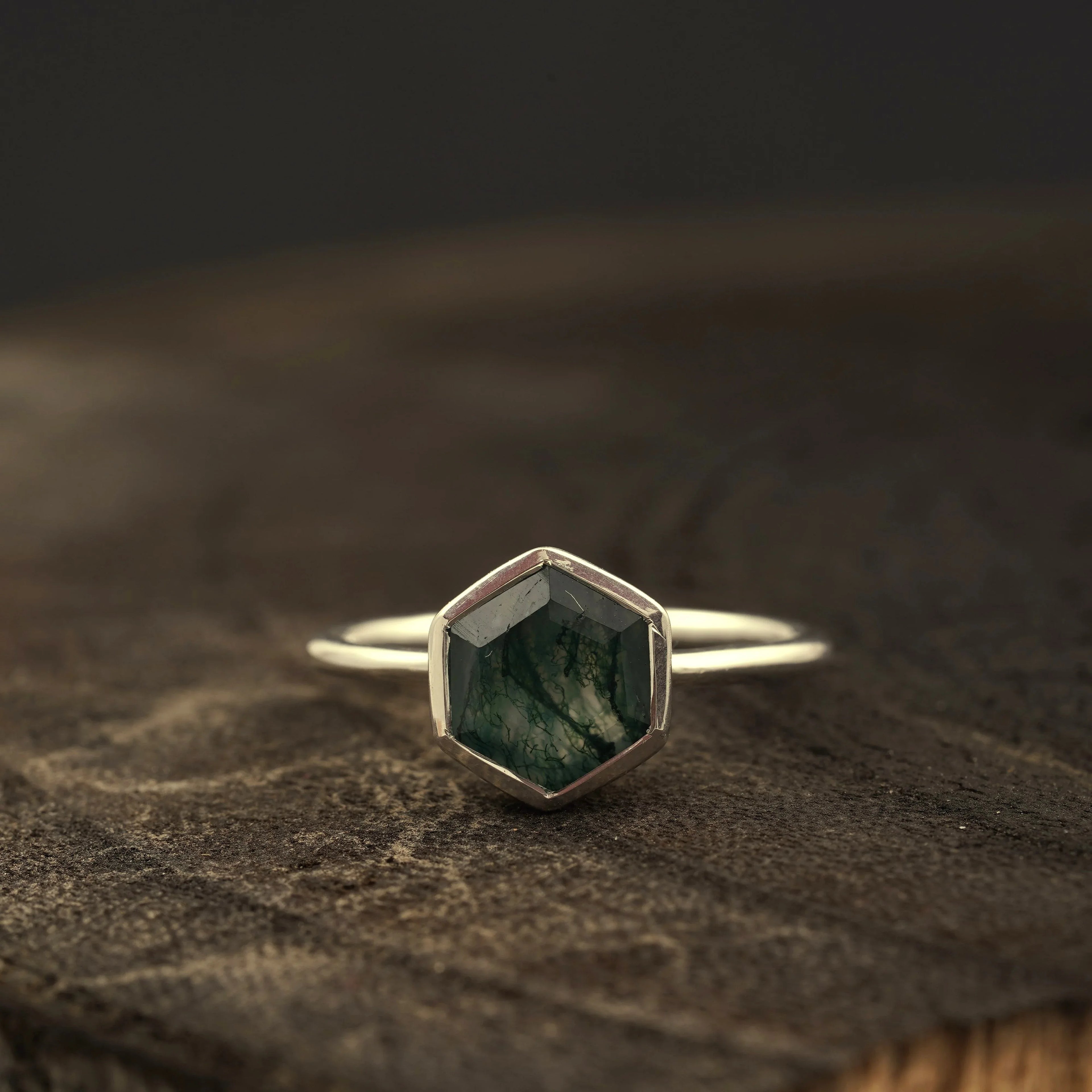 Hexagon Cut Moss Agate Bezel Set Engagement Ring - Gigiscc