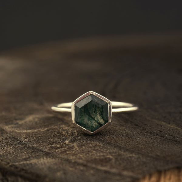 Hexagon Cut Moss Agate Bezel Engagement Ring 