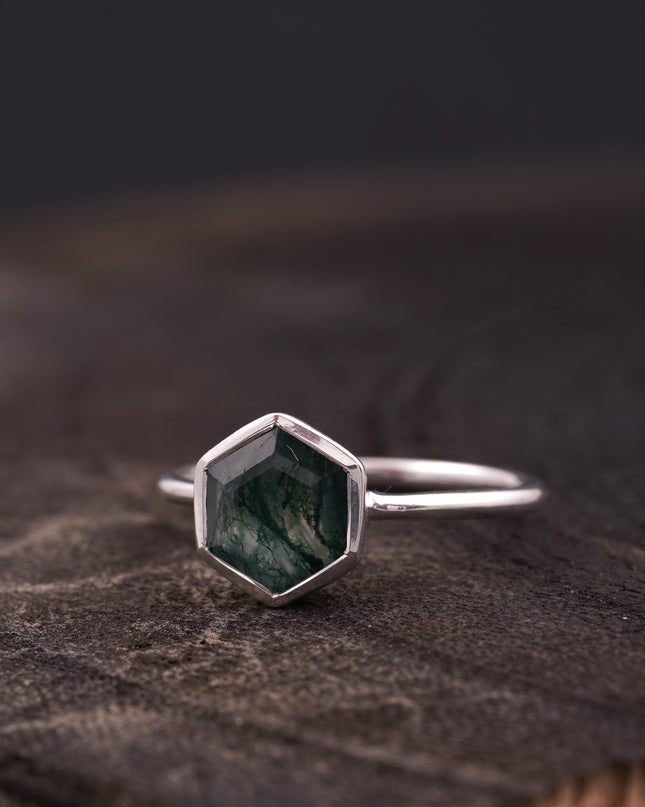 Hexagon Cut Moss Agate Bezel Set Engagement Ring