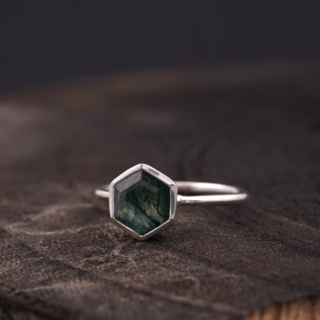 Hexagon Cut Moss Agate Bezel Set Engagement Ring - Gigiscc