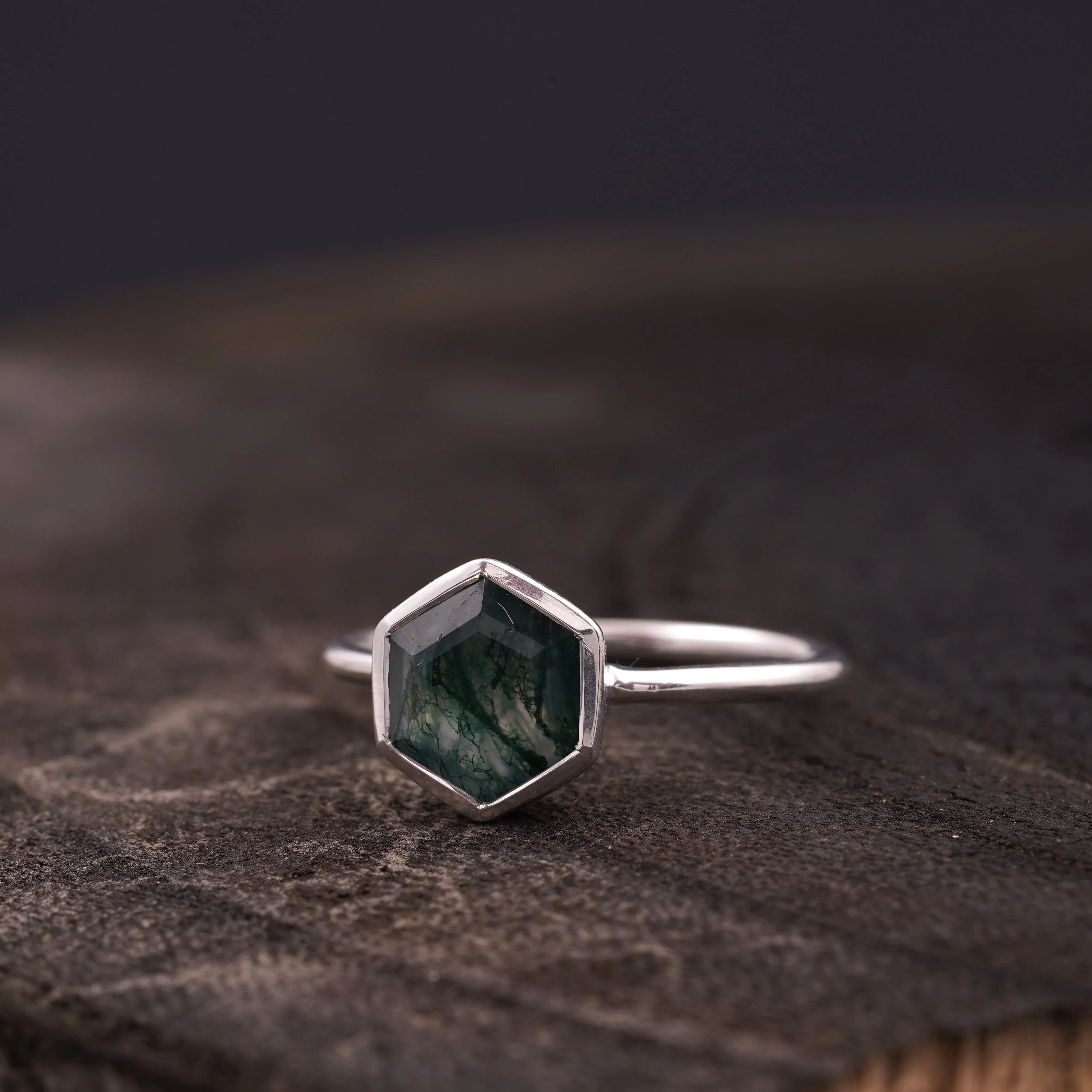 Hexagon Cut Moss Agate Bezel Set Engagement Ring - Gigiscc