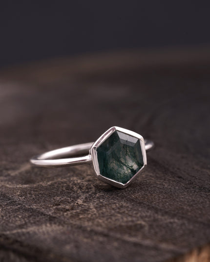 Hexagon Cut Moss Agate Bezel Set Engagement Ring