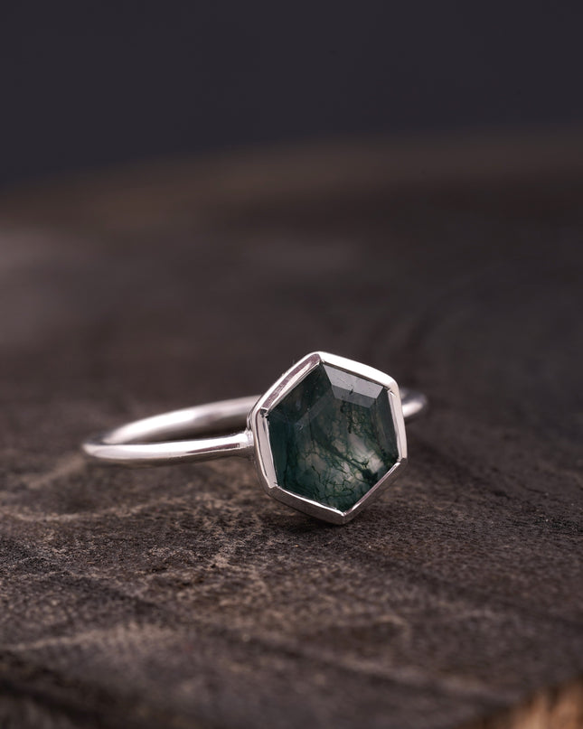 Hexagon Cut Moss Agate Bezel Set Engagement Ring