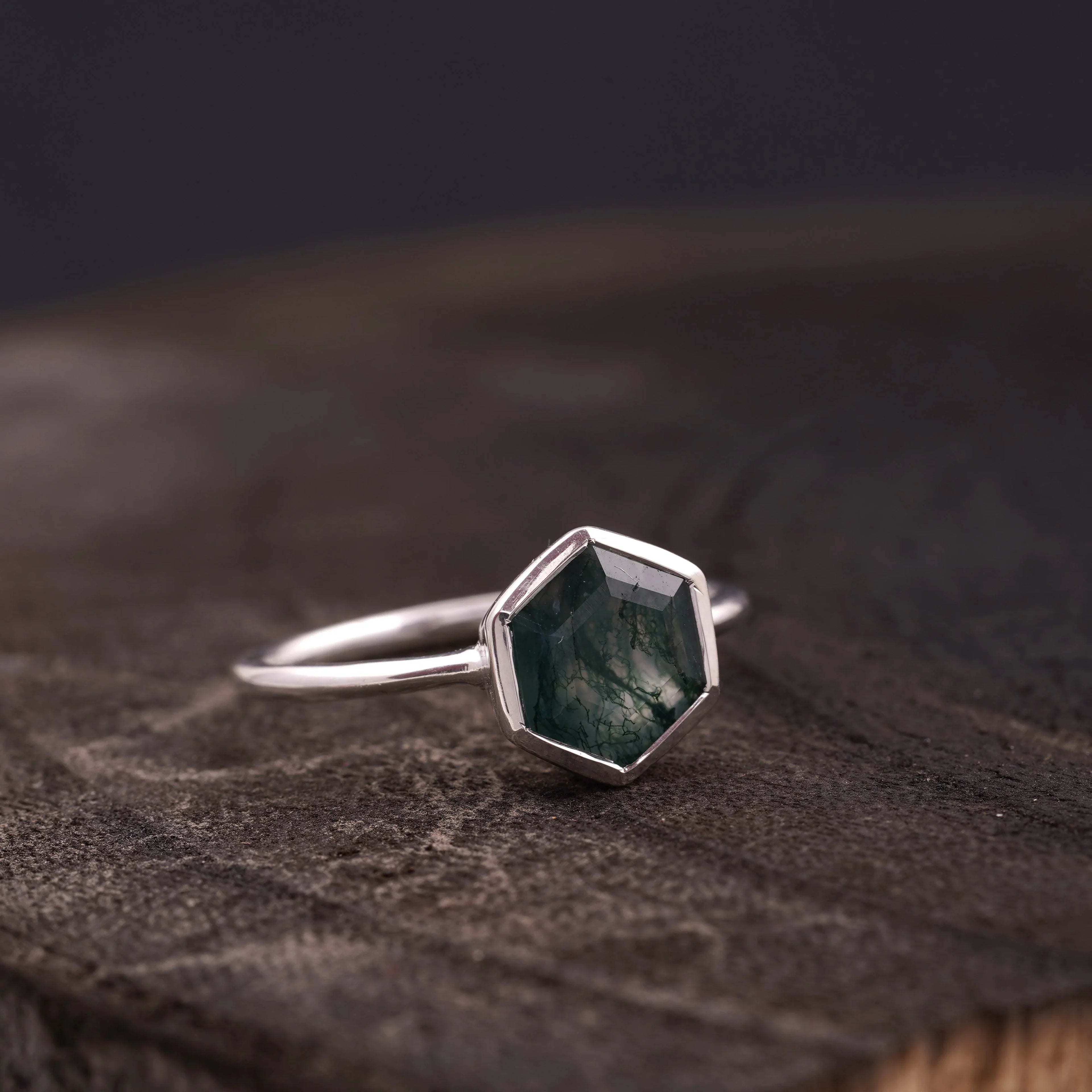 Hexagon Cut Moss Agate Bezel Set Engagement Ring - Gigiscc