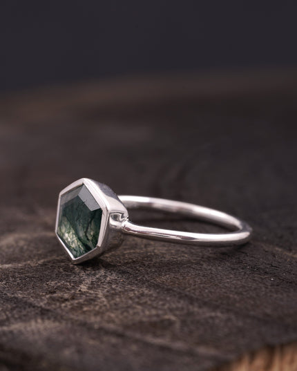 Hexagon Cut Moss Agate Bezel Set Engagement Ring