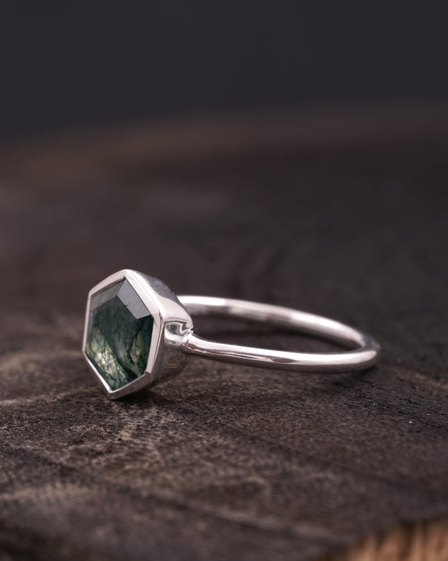 Hexagon Cut Moss Agate Bezel Set Engagement Ring