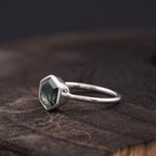 Hexagon Cut Moss Agate Bezel Set Engagement Ring - Gigiscc