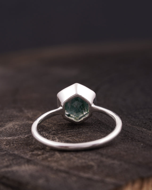 Hexagon Cut Moss Agate Bezel Set Engagement Ring