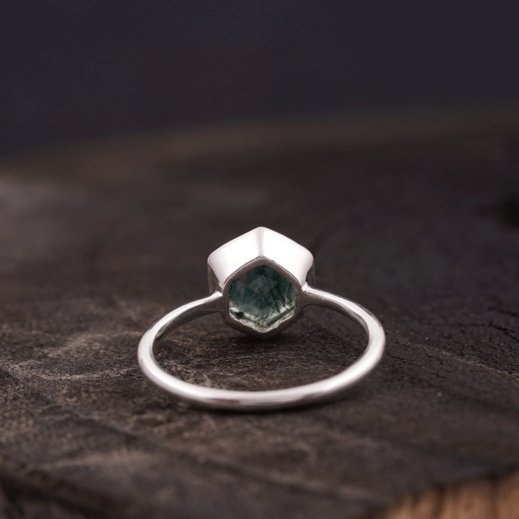 Hexagon Cut Moss Agate Bezel Set Engagement Ring - Gigiscc