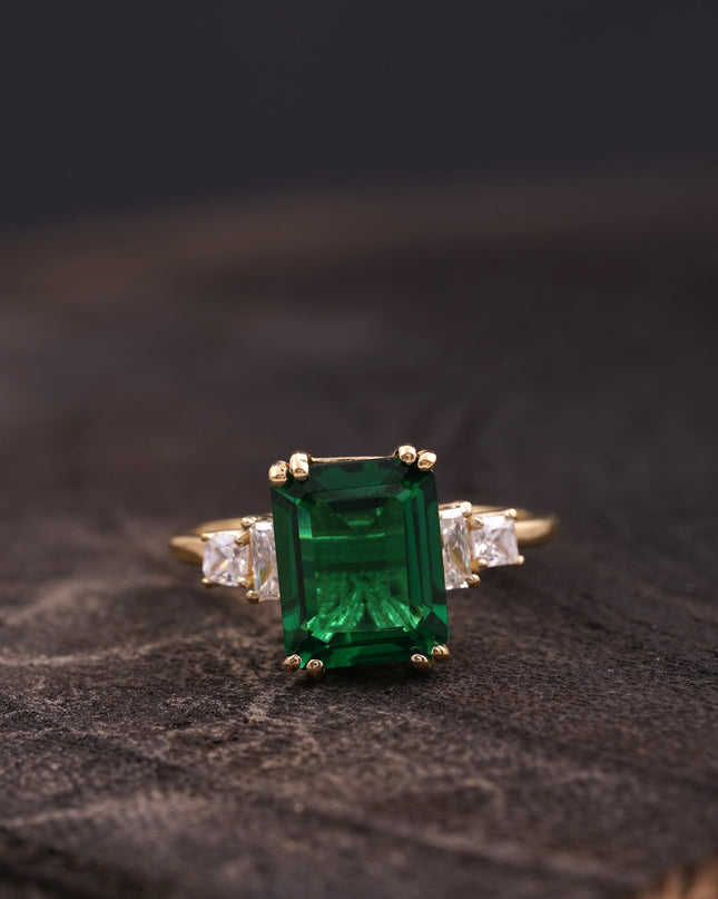 Baguette Cut Moissanite & Green Emerald Ring