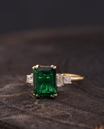 Baguette Cut Moissanite & Green Emerald Ring Left Angle