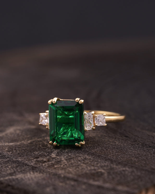 Baguette Cut Moissanite & Green Emerald Ring Left Angle