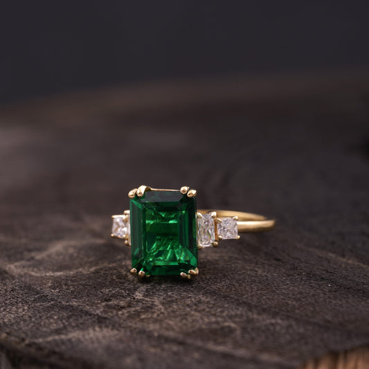 Baguette Cut Moissanite & Green Emerald Ring Left Angle