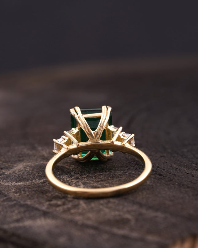 Green Emerald Gemstone CZ Diamond Gold Engagement Ring Back SIde