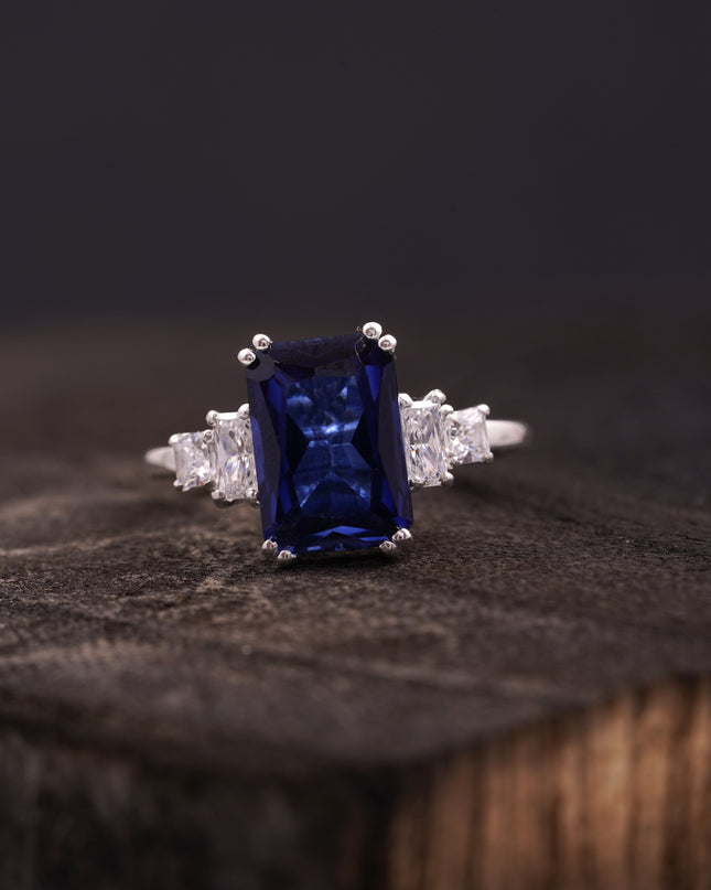Emerald Blue Sapphire Silver Engagement Ring
