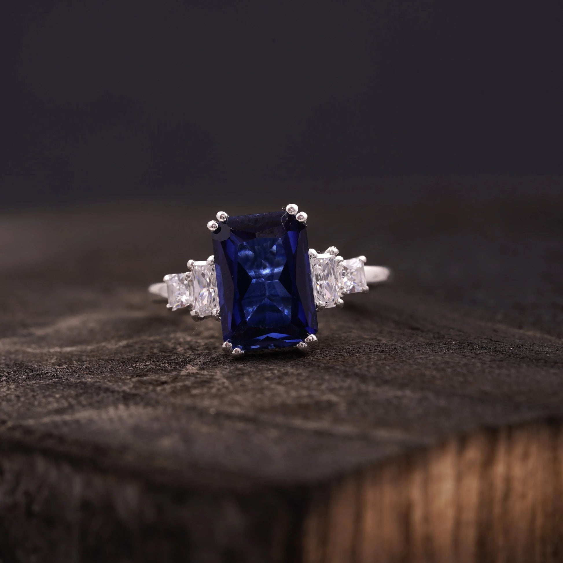 Emerald Blue Sapphire Silver Engagement Ring - Gigiscc